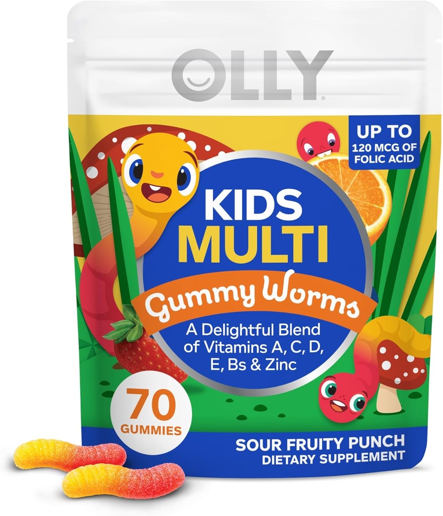 OLLY Kids Multivitamin Gummy Worms, Samlet sundhed og immunforsvar, Vitaminer og mineraler A, C, D, E, B og zink, Chewable Supplement, Sour Fruit Punch, 45 Day Supply - 70 Greve