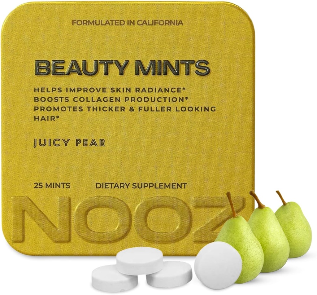 NOOZ Beauty Mints - Sugar- Free Biotin Mint for glødende hud, sundt hår & stærke negle - saftig Pære Flavor Budd124; Travel- Friendly Supplement med antioxidanter, C-vitamin, B6 & B12 Budd124; Non- GMO, 25 Mints