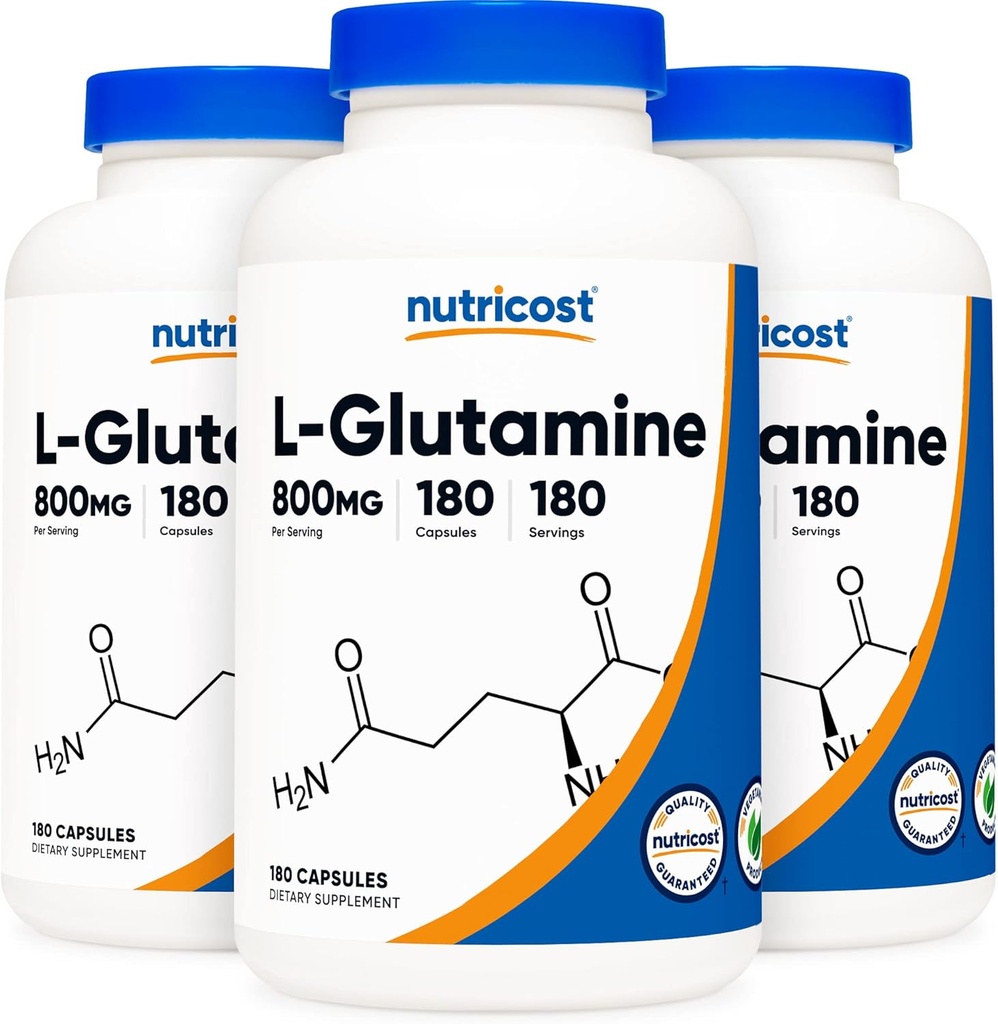 Nutricost L- Glutamin 800mg, 180 kapsler (3 flasker)