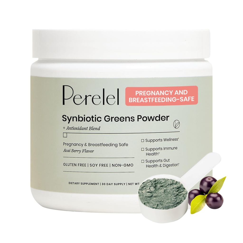 Perrelel Synbiotic Green Powder, Superfood Blend med frugter, grøntsager, Probiotika, Fiber, Spirulina & Chlorella, Daily Green Supplement, Soy & Gluten Free, Non GMO, Acai Berry Flavor, 30 Servere