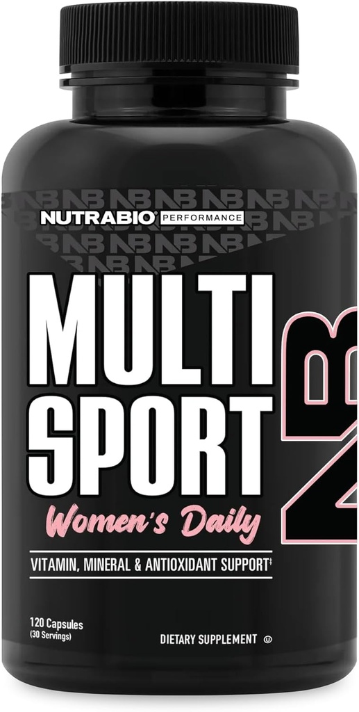 NutraBio Multisport for Kvinder - Kvinder MultiVitamin - 33 Vitamin, Mineraler, Mikronæringsstoffer - Rig i antioxidanter - Understøtter Peak Atletisk ydeevne, Energi, Metabolisme (120 Vegetabilske kapsler)
