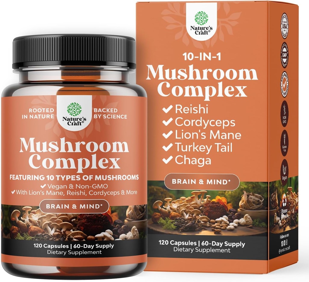 Advanced Mushroom Complex Capsules - 10X Lions Mane Supplement kapsler med Reishi, Chaga, Maitake & Shiitake for Brain Health Memory Support & Focus - Nootrop for Mental Klarhed - 120 Caps