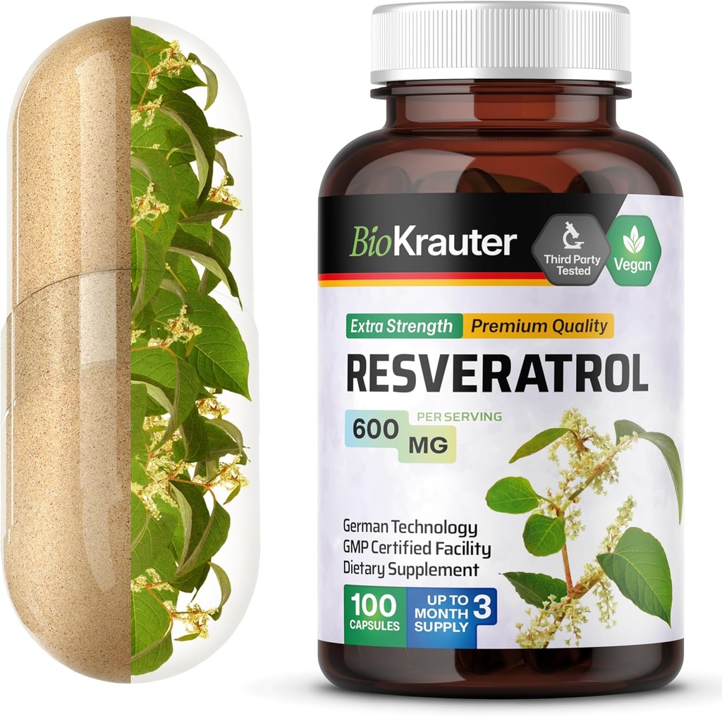BIO KRAUTER Resveratrol Supplement Kapsler 600 mg - 100 Tæl - Naturlig antioxidant Kilde - 98% Pure Trans Resveratrol Powder - Vegan