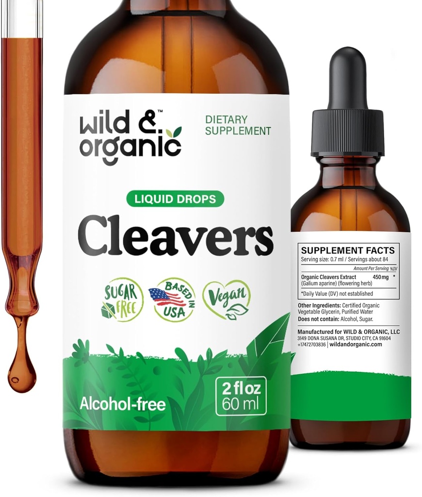 Wild & Organic Cleavers Tinktur - Natural Detox Drops med Cleavers Leaf - Galium Aparine Herb Extract Supplement - Vegan, Sukker & Alkohol- Free - 2 fl oz