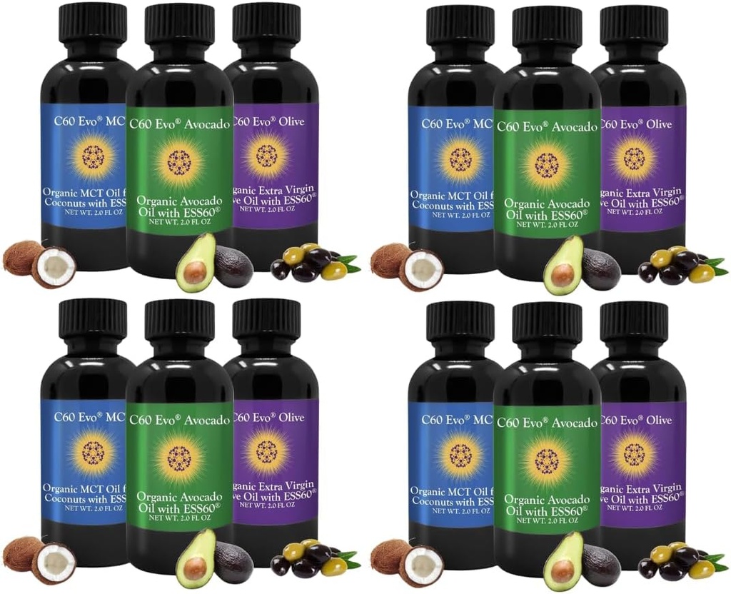 All- Natural Spiselige Olier, Mini Oil Sampler sæt med Pure C60 ESS60, Immun Support og fælles Support Supplement med Olivenolie, Avocado Oil & MCT Kokosolie, Sæt af 12, 2 Oz hver