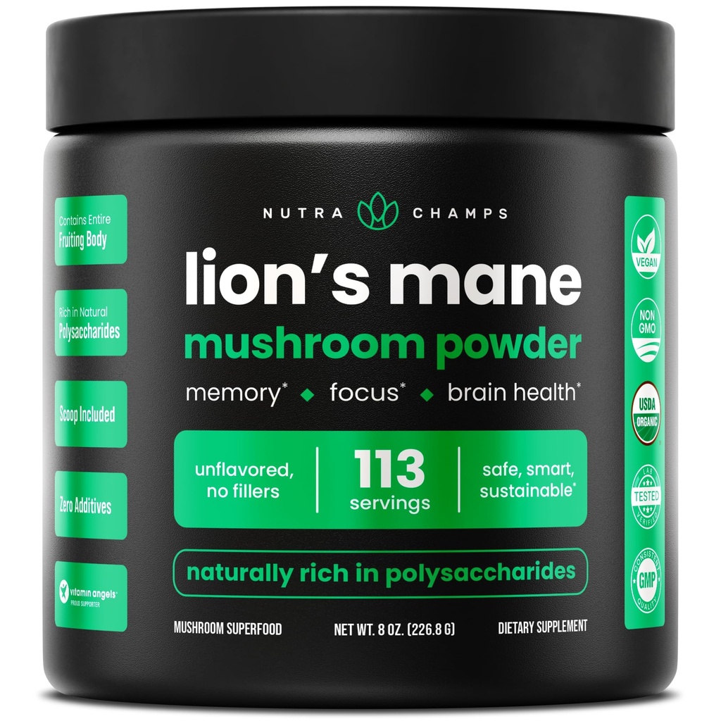 NutraChamps Organic Lions Mane Powder - 2000mg kraftfuld Nootrop til hukommelse, fokus, immunstøtte - Vegan Lions Mane Mushroom Powder supplement med naturligt occurring Beta- glucans - 8oz