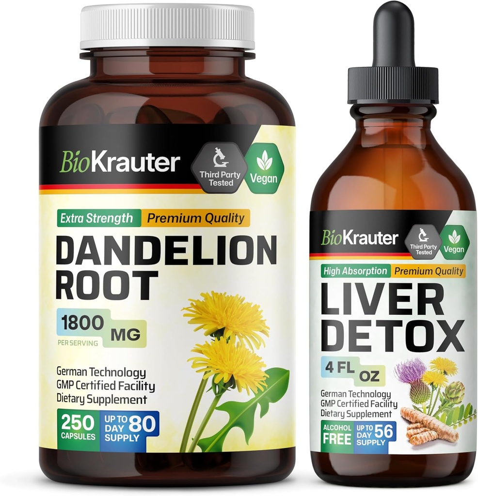 BIO KRAUTER Mælkebøtte Root 250 Kapsler & Leverstøtte Tinktur 4 Fl. Oz.