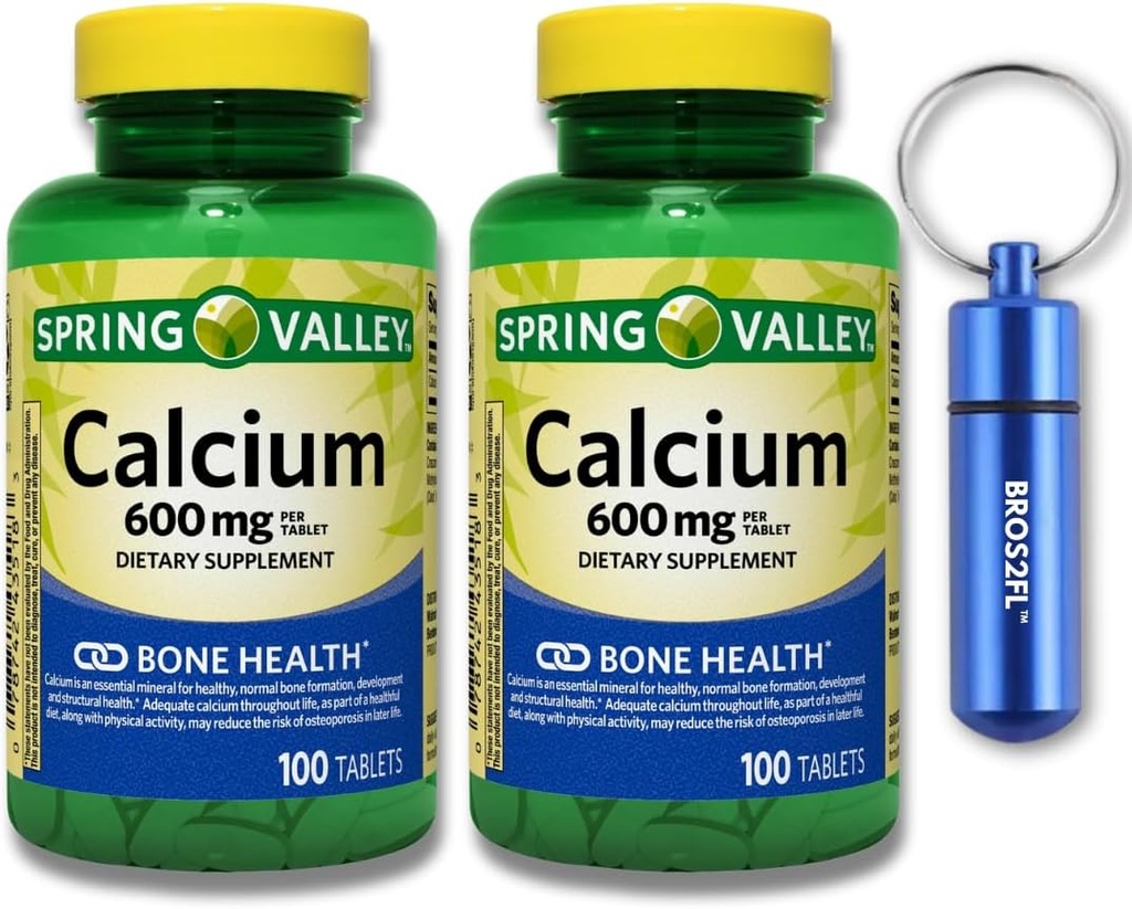 Calcium Bone Health Kosttilskud Tablets, 600 mg, 100 Count (2- Pack) Bundle med BROS2FL Keychain Vandtæt Portable Metal Pill Box (2 genstande)