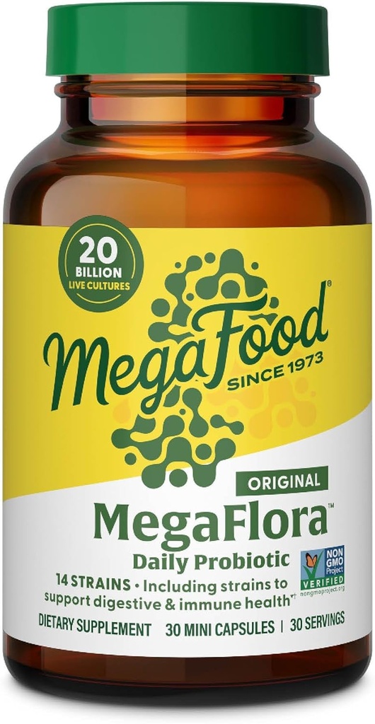 MegaFood MegaFlora Probiotic - Probiotika til kvinder fordøjelsessygdomme - immunstøtte supplement - 20 Millioner CFU - 14 Strops - Non- GMO - Vegetar - 30 Mini kapsler (30 Servere)