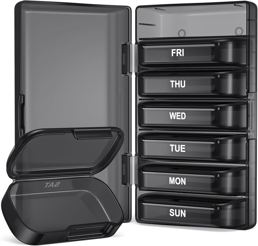 PULIV Ugentlig Pill Organizer med stor kapacitet, Dual Protection Pill Box 7 Dag, Gigt Venlig Pill sag let at åbne, Medicin Organizer for Vitaminer, Medicin, Fiskeolier, Kosttilskud (sort)