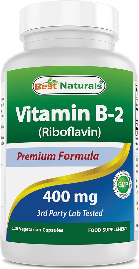 Bedste Naturals vitamin B2 (Riboflavin) 400mg - Migræne Relief - Veggie kapsler - Conezyme Precursor - 120 Greve