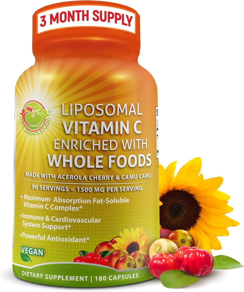 Liposomal C-vitamin kapsler - 1500mg - Lavet med Økologisk Acerola Cherries & Camu Camu, High Potence C-vitamin Liposomal - immunsupportsupplement, Forbedret Absorption & Biotilgængelighed - 180 Tæl