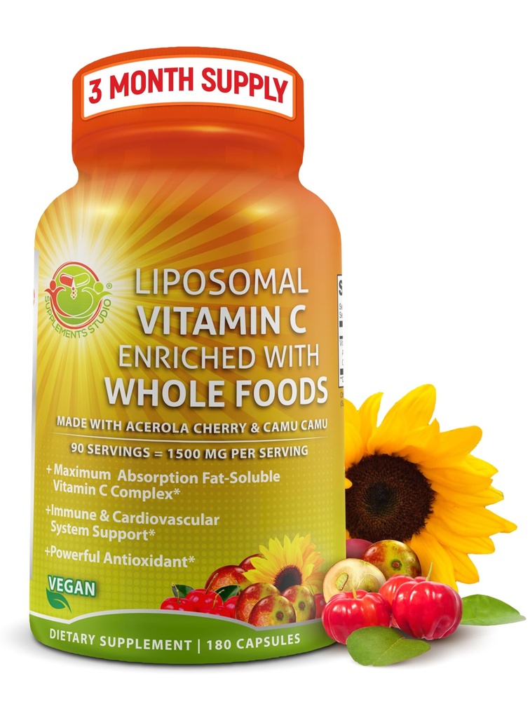 Liposomal C-vitamin kapsler - 1500mg - Lavet med Økologisk Acerola Cherries & Camu Camu, High Potence C-vitamin Liposomal - immunsupportsupplement, Forbedret Absorption & Biotilgængelighed - 180 Tæl