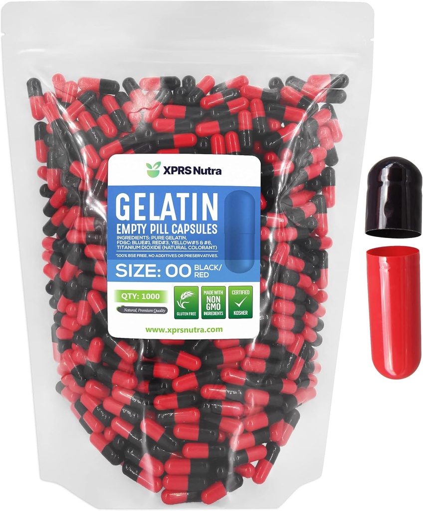 XPRS Nutra Størrelse 00 Tomme kapsler - 1000 Tomme Gelatine kapsler - Piller selv Kapsel Fyldning - Fyldelige Pille Gel Caps til Do- It- Yourself Kosttilskud (sort / rød)
