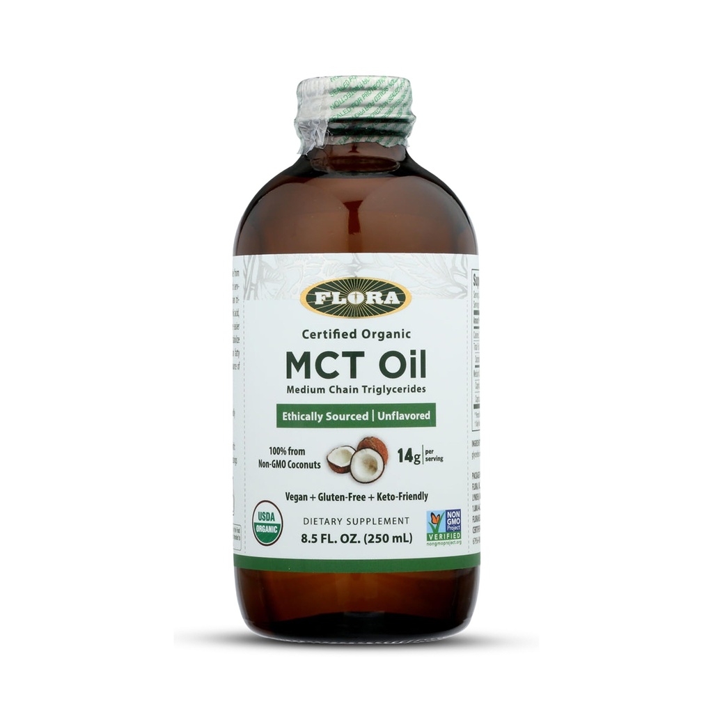 Flora - MCT Oil Certified Organic - Understøtter Muscle Energy & Brain Health - Indeholder C8 Capric Acid & C10 Capric - Non-GMO, Gluten- Free, Vegan & Keto- Friendly - 8,5 fl. oz. Glass Flaske