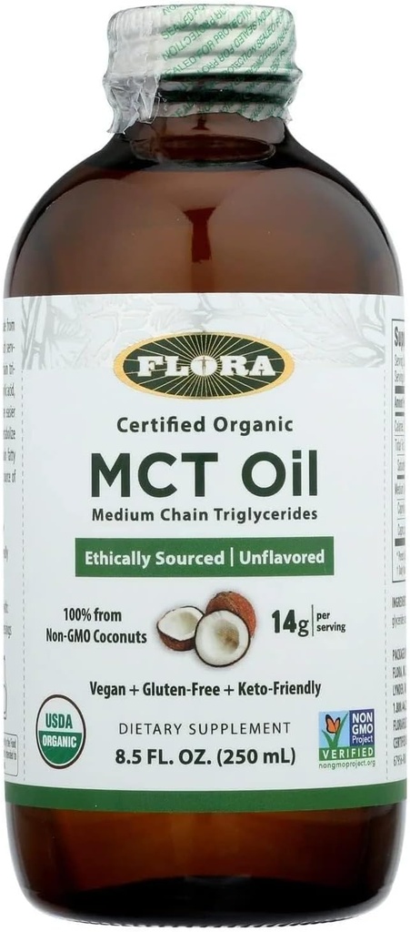 Flora - MCT Oil Certified Organic - Understøtter Muscle Energy & Brain Health - Indeholder C8 Capric Acid & C10 Capric - Non-GMO, Gluten- Free, Vegan & Keto- Friendly - 8,5 fl. oz. Glass Flaske