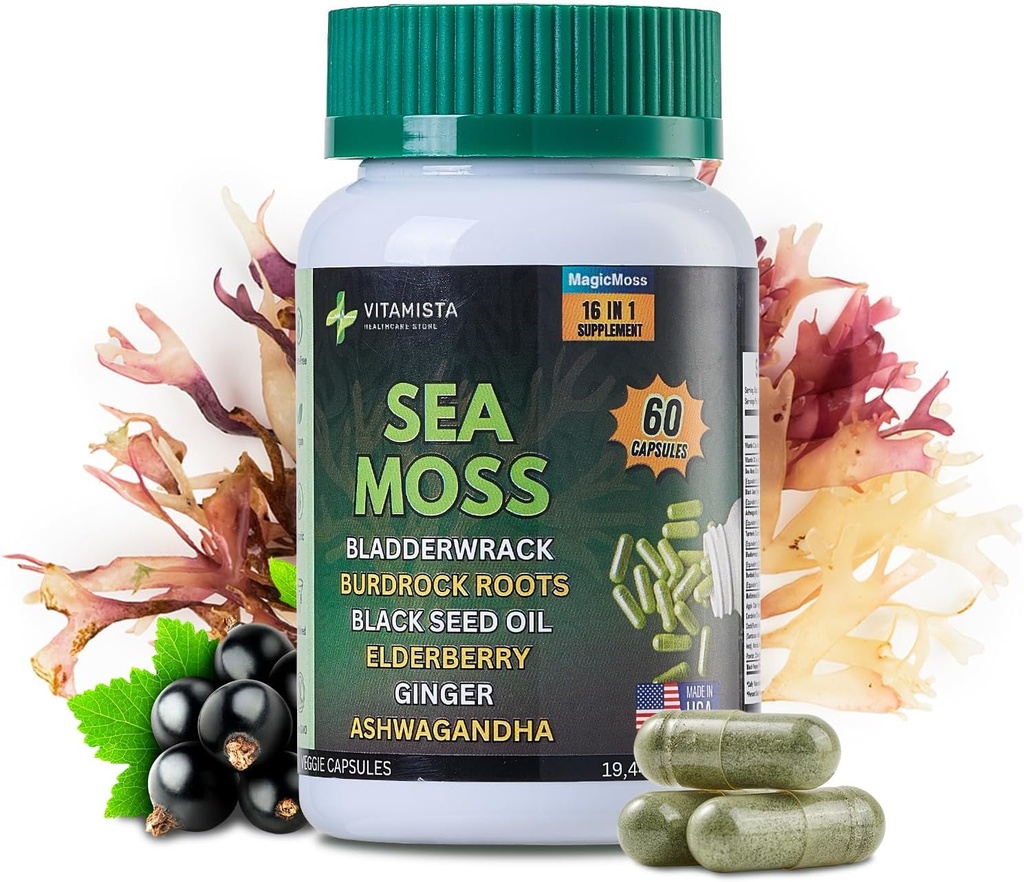 Sea Moss Capsules - 16- in-1 Sea Moss Supplement med Bladderwrack, Burdock Root, Black Seed Oil, Ashwagandha - immunforsvar & Energy Booster - 60 Vegan Capsules (19445mg)