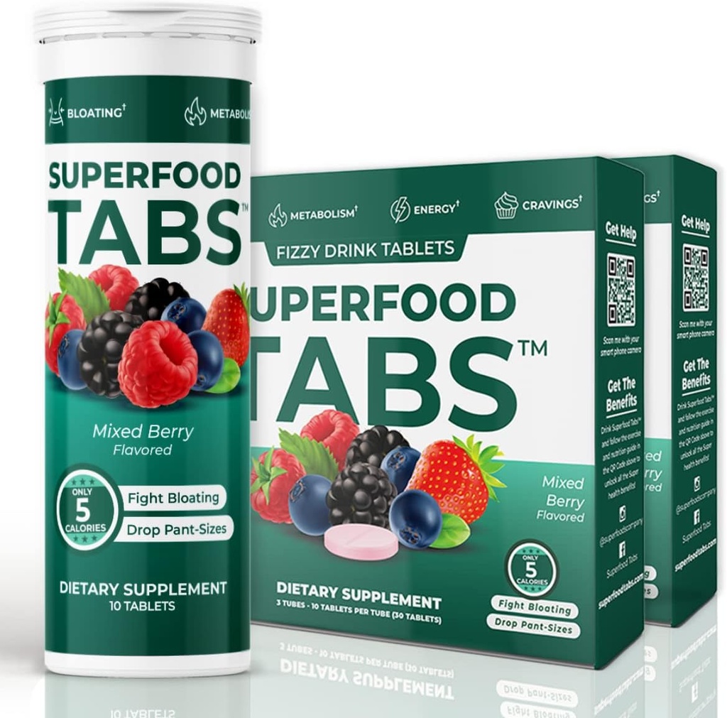 Superfood Tabs Superfoods Company Detox Cleanse Drink - Nutrition Supplement for Women & Men - Support Healthy Weight, Digestive Health, Cravings & Bloating Relief - Mixed Berry Flavor [60 Tablets]