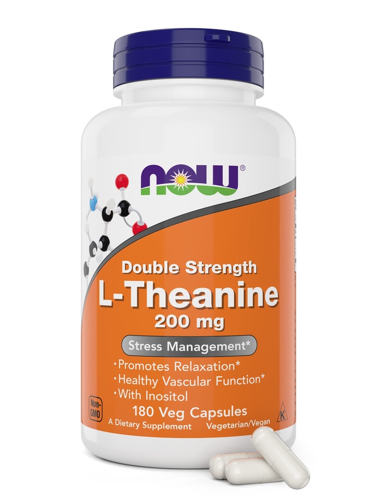 Now Foods L- Theanine, Double Strength 200 mg Per Cap - 180 Veg Capsules - Forbedret med 100mg Inositol - Vegetarisk, Non- GMO - Ltheanine 200mg Supplement