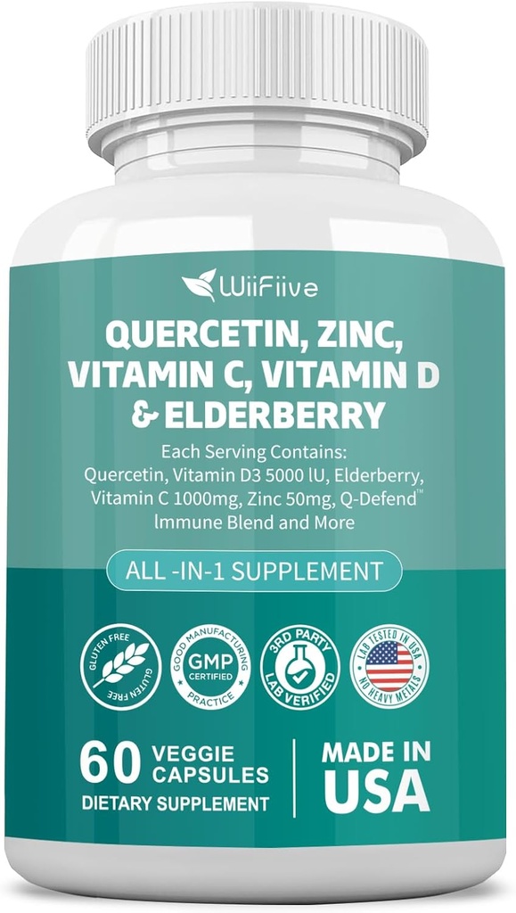 60 Grev Quercetin 50 mg Zink 1000 mg C 5000 IE vitamin D3 1000 mg Gurkemeje 1000 mg Elderberry med Q- Defend immunblend Reisshi Nettle Arteemisinin, Non- GMO, Free Supports Health