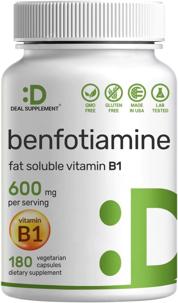 Benfotiamin 600mg Per servering, 180 Veggie kapsler (300mg Per Cap) - Fat Opløselig vitamin B1 Thiamin supplement - 3. part testet, Vegan, Non- GMO, Gluten Free