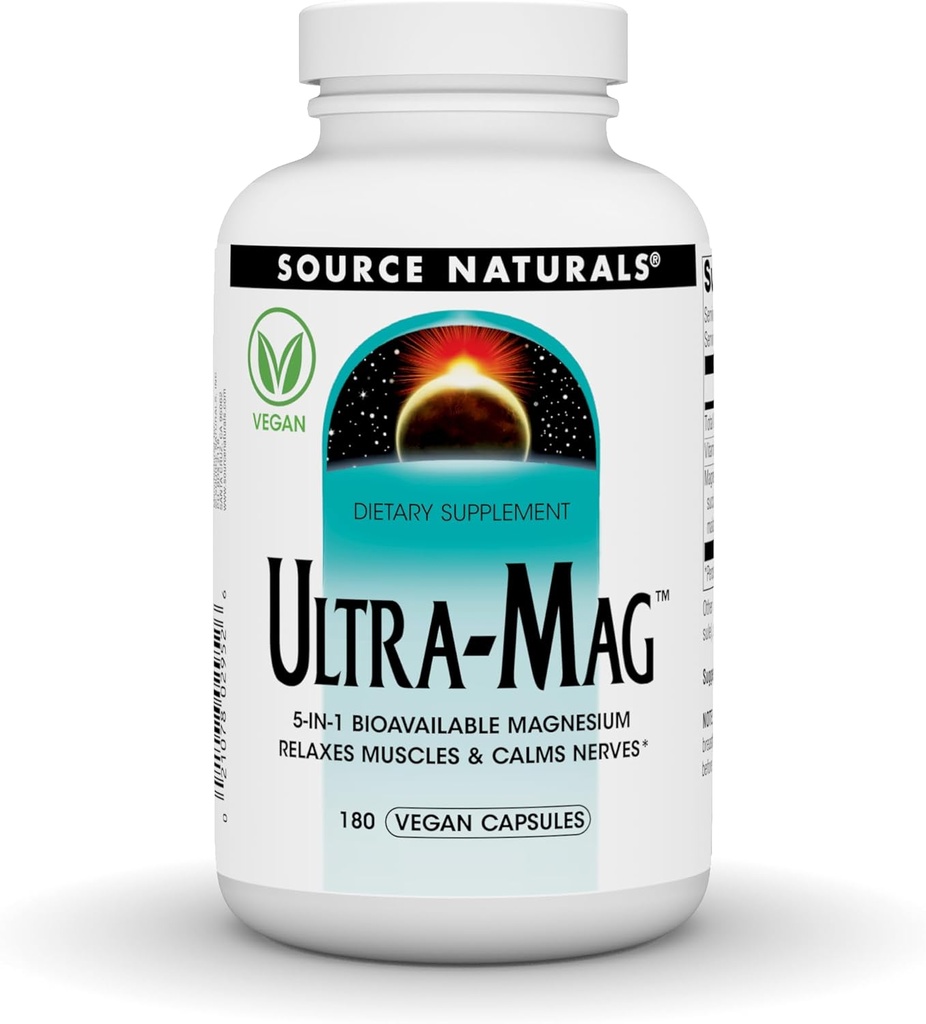 Source Naturals Ultra-Mag, Vegansk Kosttilskud, 5i1 Biotilgængelig Magnesium, Relaxs Muskler & Kalmer Nerves *, Vegansk Kapsler (180)