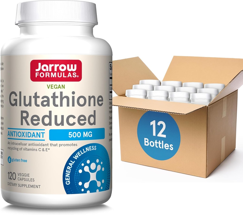 Jarrow Formulas Glutathione Reduceret 500 mg- 120 Veggie Capsules - Intracellulær Antioxidant - Kvalitet Glutathione tillæg - Understøtter genanvendelse af Vitaminer C & E- Non- GMO- Gluten Free- Vegan, 12 pakker