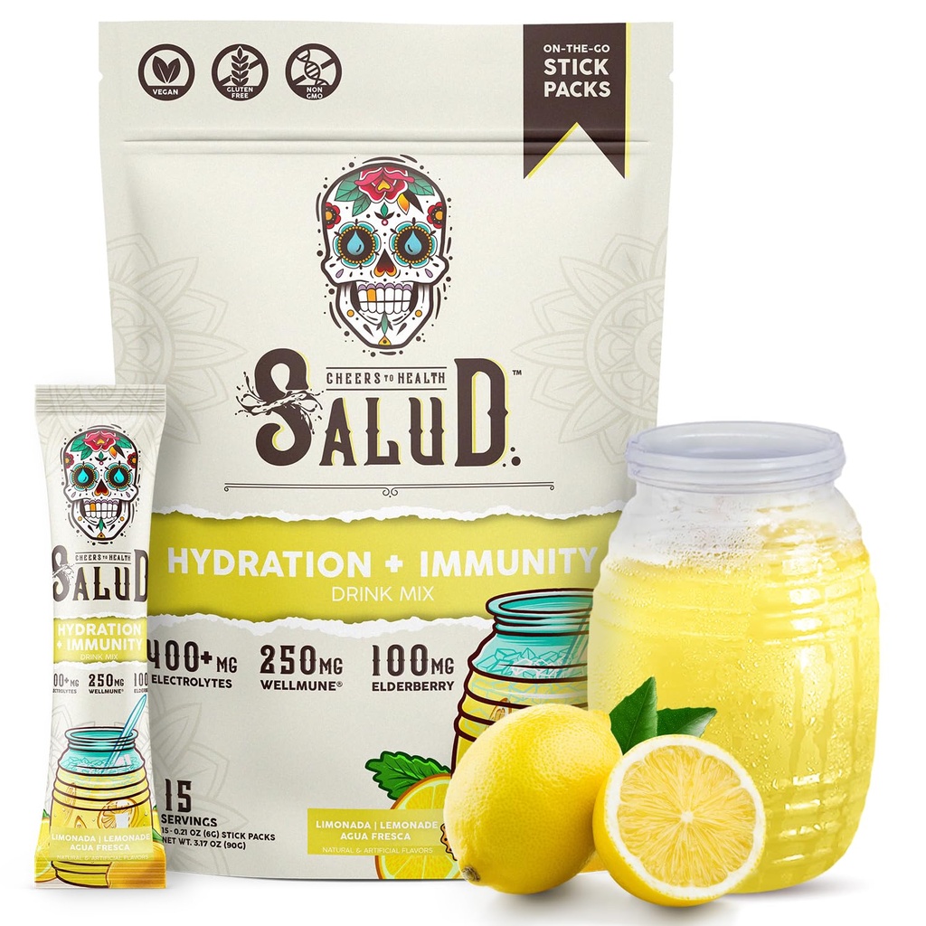 Salud 2- in-1 Hydration Packets + Immunity Electrolytes Powder, Lemonade - Agua Fresca Drink Mix, Elderberry, Dairy & Soy Free, Non- GMO, Gluten Free, Vegan, Low Calorie, 1g Sugar (15 Servere)