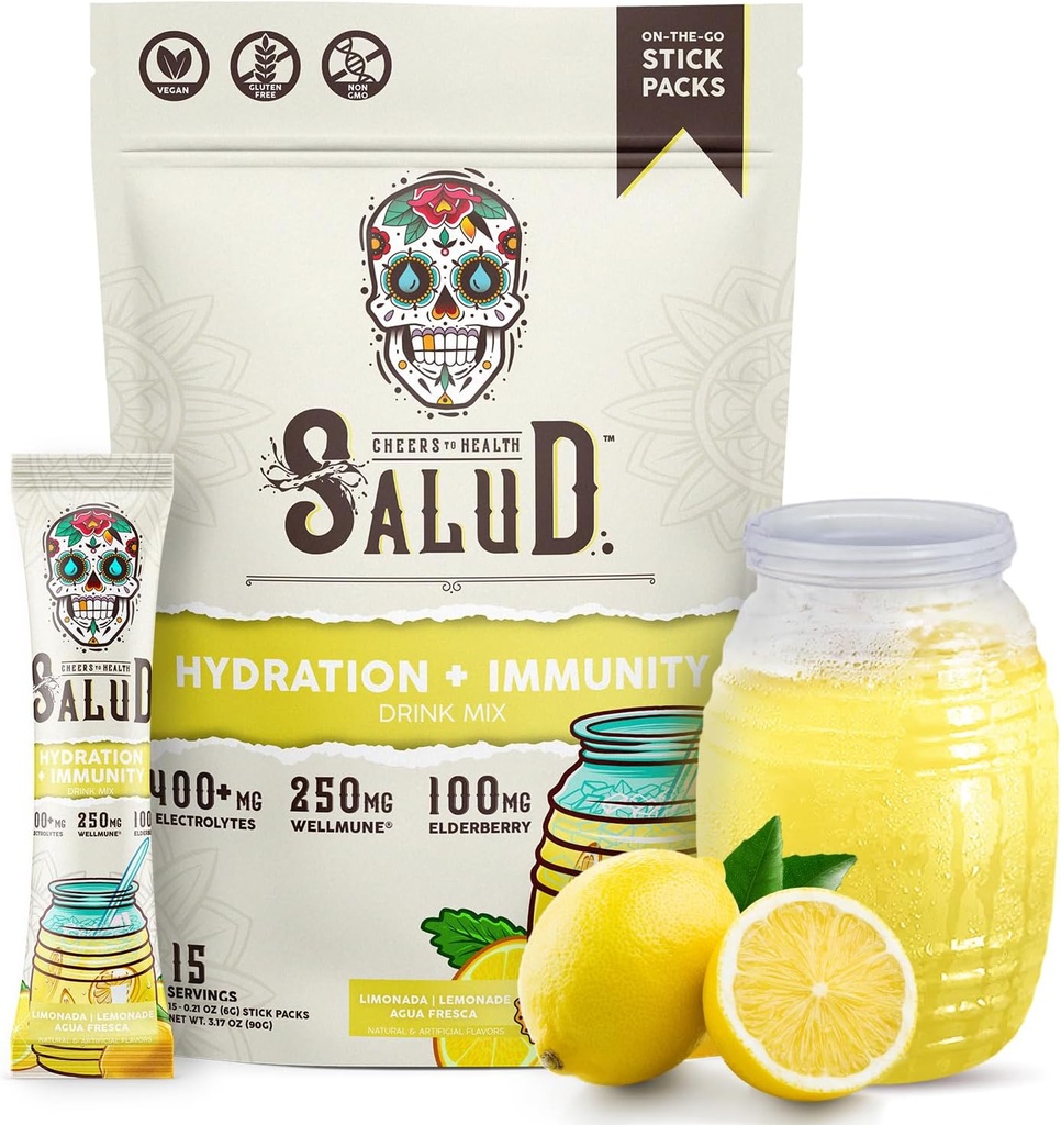 Salud 2- in-1 Hydration Packets + Immunity Electrolytes Powder, Lemonade - Agua Fresca Drink Mix, Elderberry, Dairy & Soy Free, Non- GMO, Gluten Free, Vegan, Low Calorie, 1g Sugar (15 Servere)