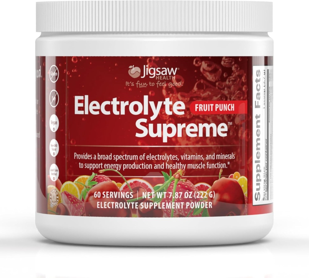 Jigsaw Health Electrolyte Supreme | Broad Spectrum of Electrolytes + Trace Minerals | Fruit Punch Flavor | 60 Servings (Jar)