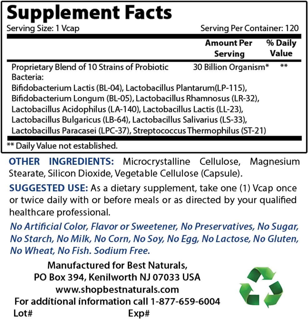 Bedste Naturals Probiotiske 10 Stammer & 30 Millioner CFU & vitamin B2 (Riboflavin) 400mg