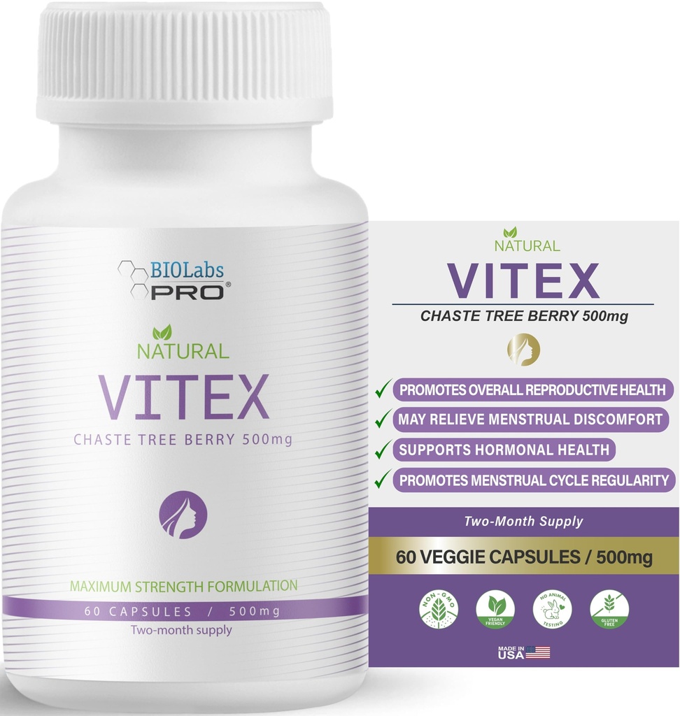 BIOLABS PRO Natural Vitex Chasteberry Supplement for Kvinder - Pure Chaste Tree Berry Extract 500mg, Maksimal styrke Formulering, Veganske kapsler, Understøtter Hormonal Balance - (60 Caps - 2 - Måned Supply)