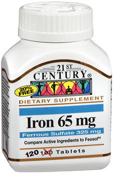 21. Century Jern 65 mg med Ferrosulfate 325 mg - 100 tabletter, pakning med 4 stk.