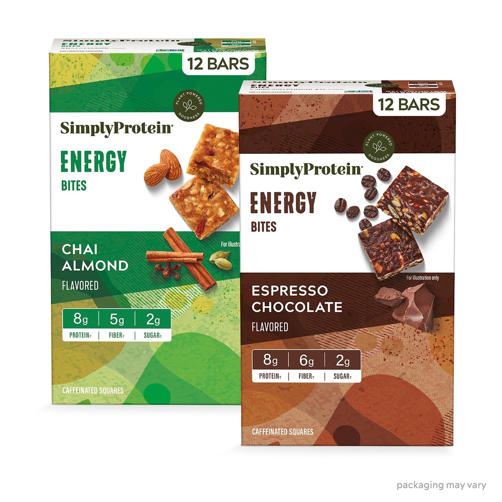 Simply Protein - Energy Bites Variety Pack, 24 Barer - Plant Based Coffeined Squares - 55mg Koffein - Energy Boost - 8g Protein, 2g Sukker, 5-6g Fiber, 120-130 Kalorier - Vegan, Gluten Free, Ikke GMO
