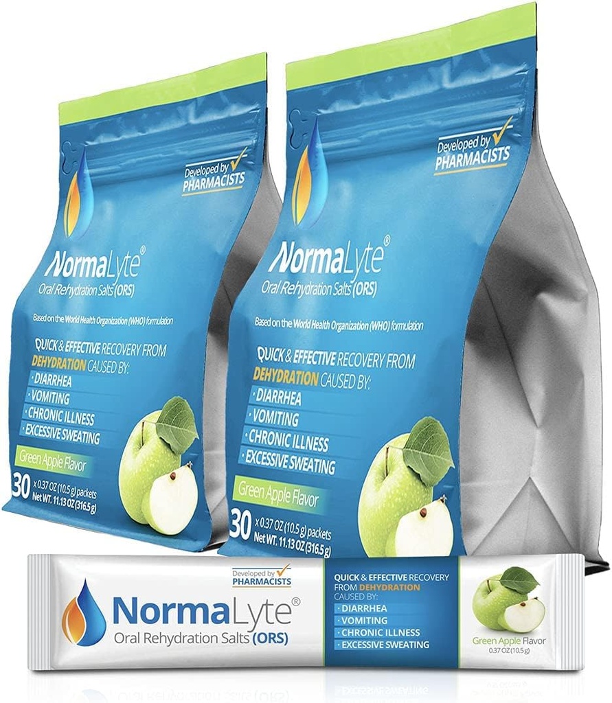 NormaLyte Oral Rehydration Salts-2 Pouches - 60 sticks (Yields 500ml per pakke) -Apple Note 124; Energitilskud, Kaliumsupplement, Dehydrering Inddrivelse og hurtig absorption