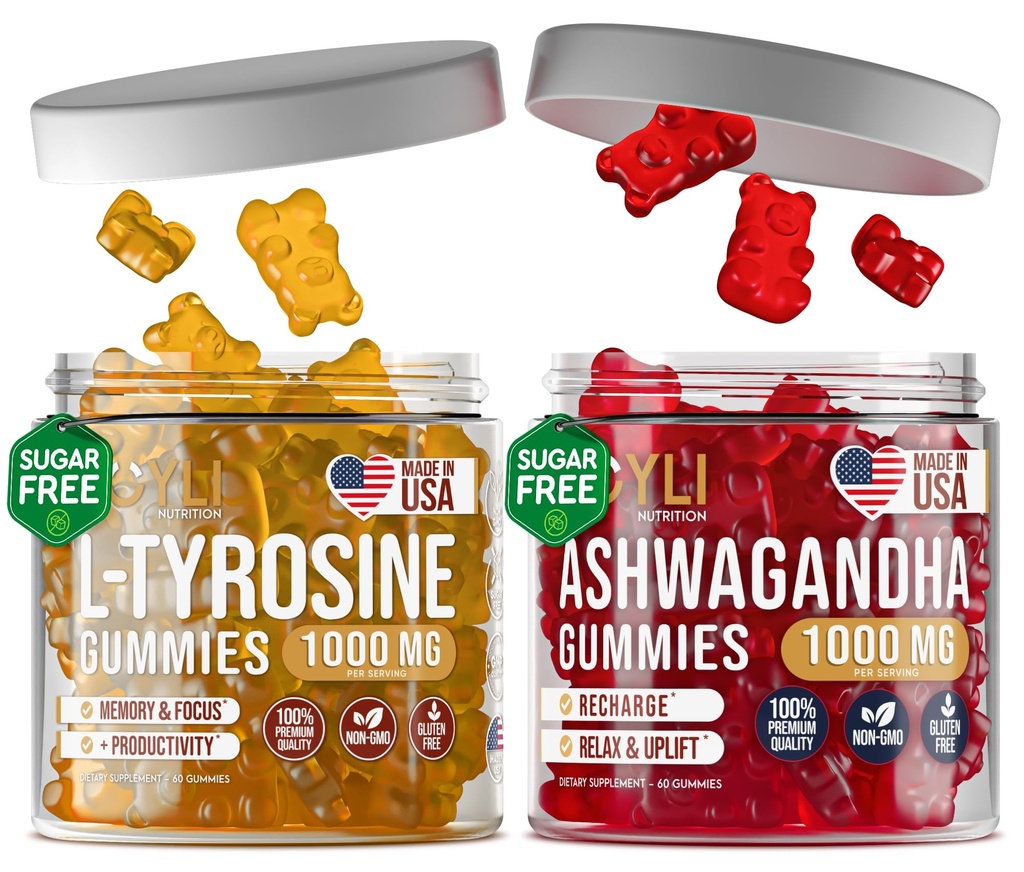 L- Tyrosine Gummies + Ashwagandha Gummies - L Tyrosine Supplement og Ashwagandha Kosttilskud Bundle - Ashwaganda, L- Tyrosine for børn og voksne - 60 Ashwa Gummies, 60 L- Tyrosine Focus Gummies