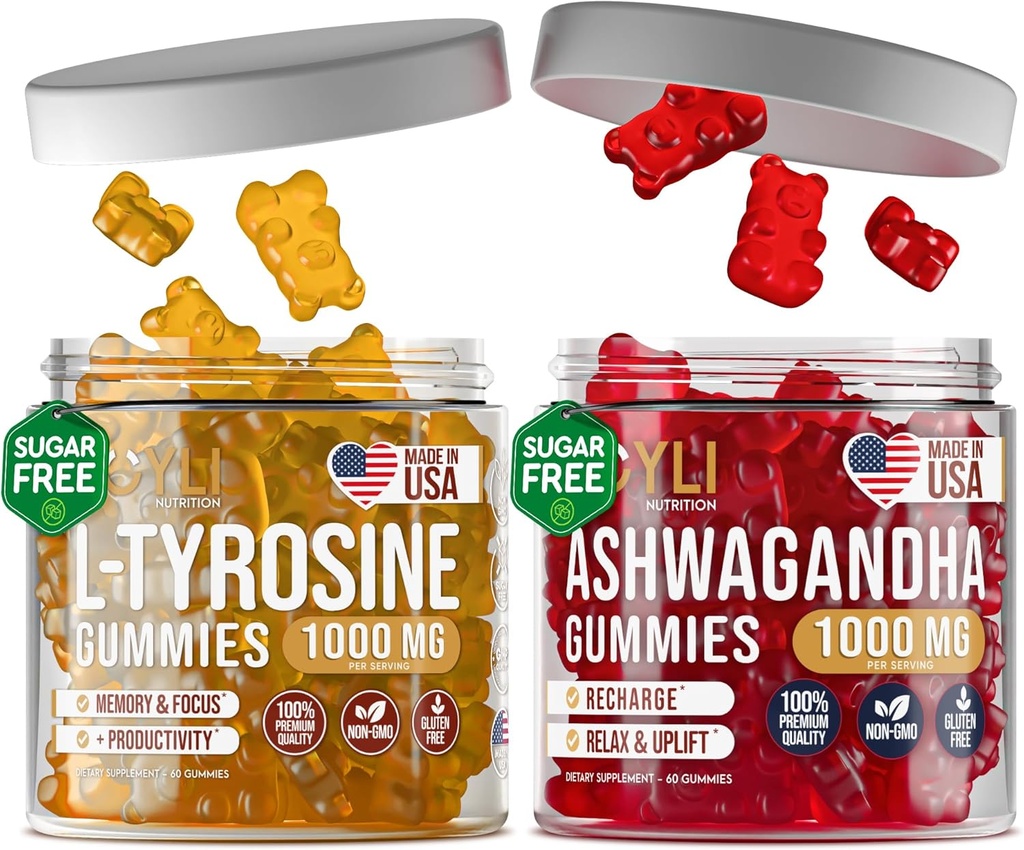 L- Tyrosine Gummies + Ashwagandha Gummies - L Tyrosine Supplement og Ashwagandha Kosttilskud Bundle - Ashwaganda, L- Tyrosine for børn og voksne - 60 Ashwa Gummies, 60 L- Tyrosine Focus Gummies