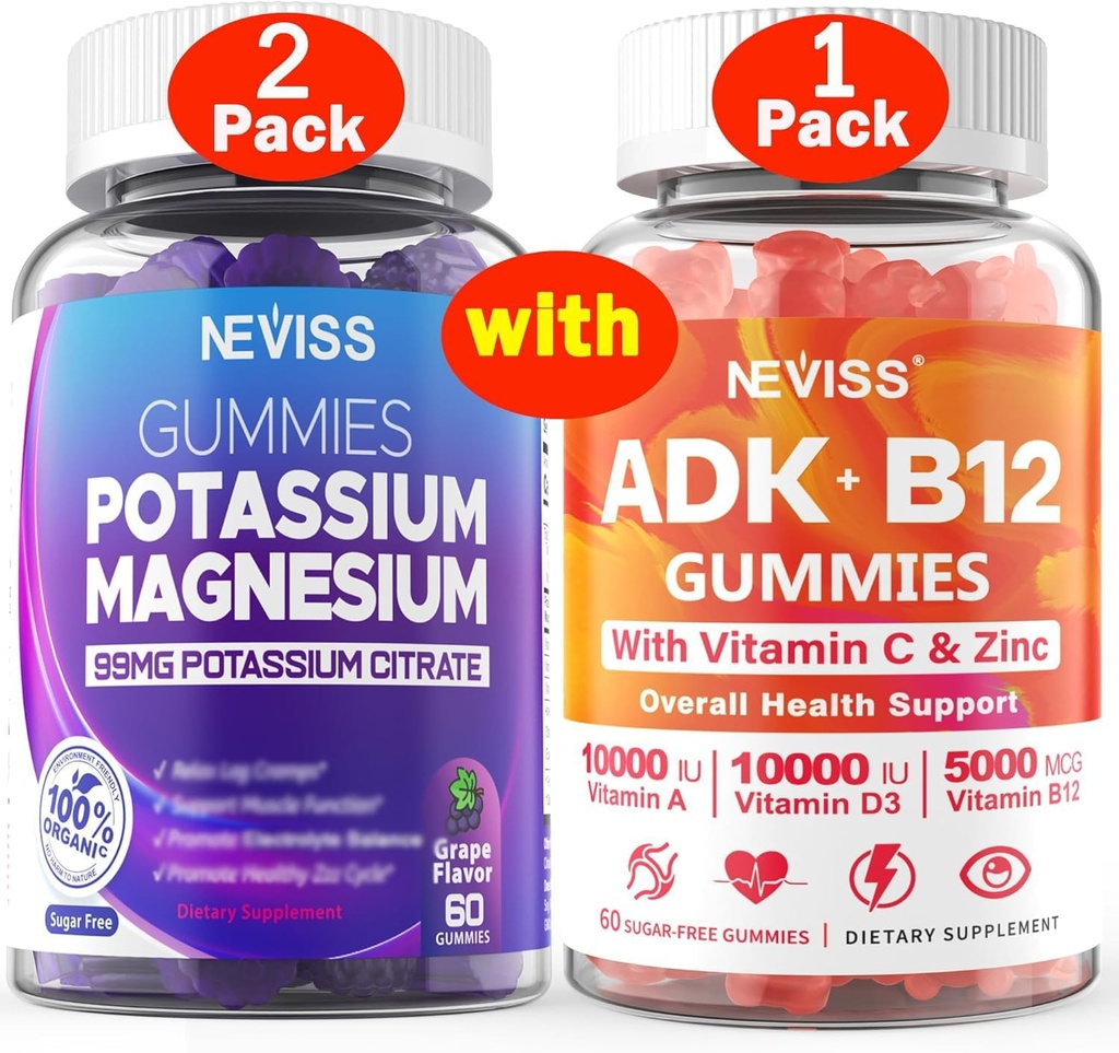 2Pack Potassium Magnesium + 1Pack Vitamin ADK with B12 Gummies