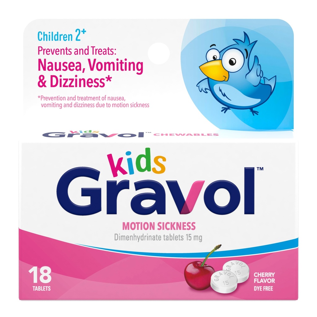 Gravol Kids Chewable Tablets for Kvalme, Opsat Mave og Motion Sygdom Relief, Dye Free, Cherry Flavor, Alder 2 til 12, 18ct