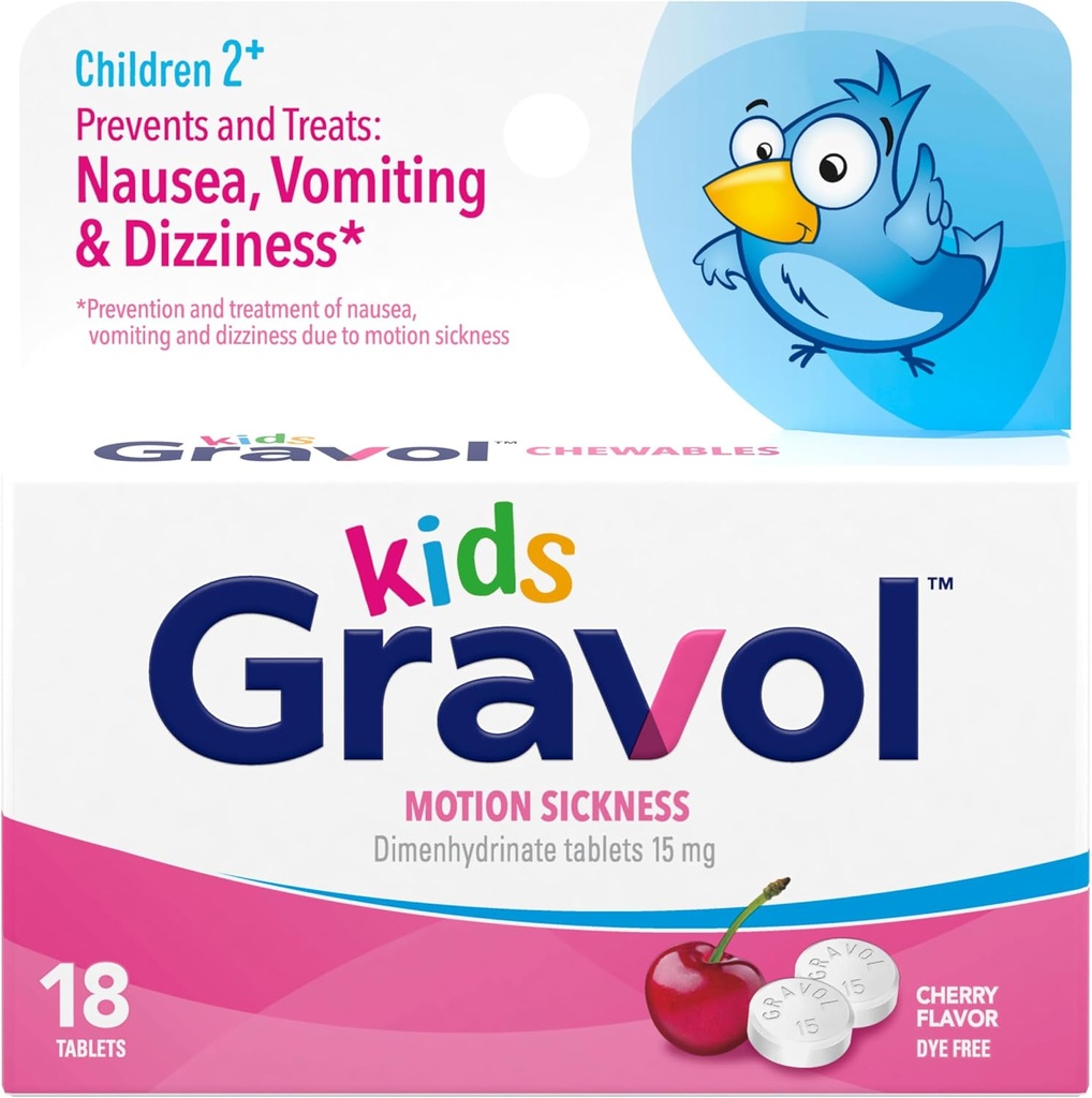 Gravol Kids Chewable Tablets for Nausea, Upset Stomach and Motion Sickness Relief, Dye Free, Cherry Flavor, Age 2 to 12, 18ct