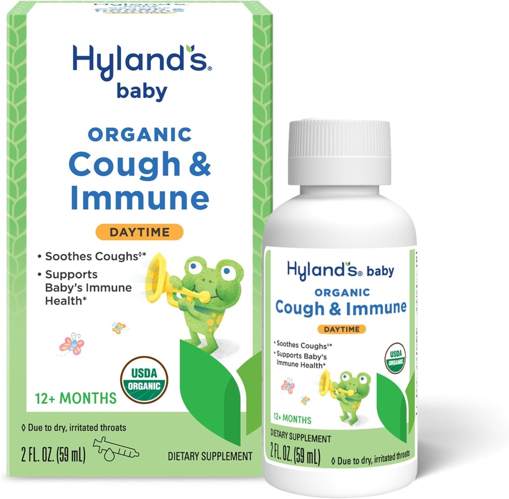 Hyland 's Baby Organic Hough Syrup og immunforsvar med Agave, Elderberry og Pomegranate, Sothes Hough, og støtter Immunitet, Daytime, 2 Fl. Oz.