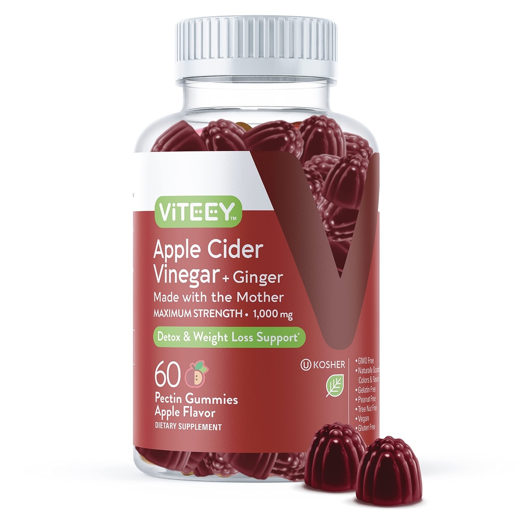 Viteey Apple Cider Vincitol Gummies and Ingefær - 1000 mg ACV Gummies for vægttab, Detox og fordøjelse - Vegan, Gluten- Free - 60 Greve