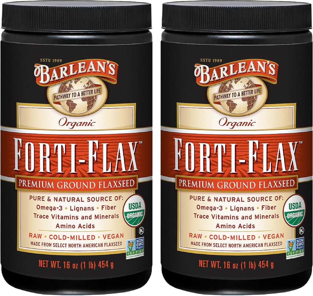Barlean 's Forti- Flax Organic Flaxseed, Ground Hel Raw Seeds, Omega-3 tillæg med lignan og kostfibre, Bulk Ground Flax Seed, 16 oz, 2 Pack
