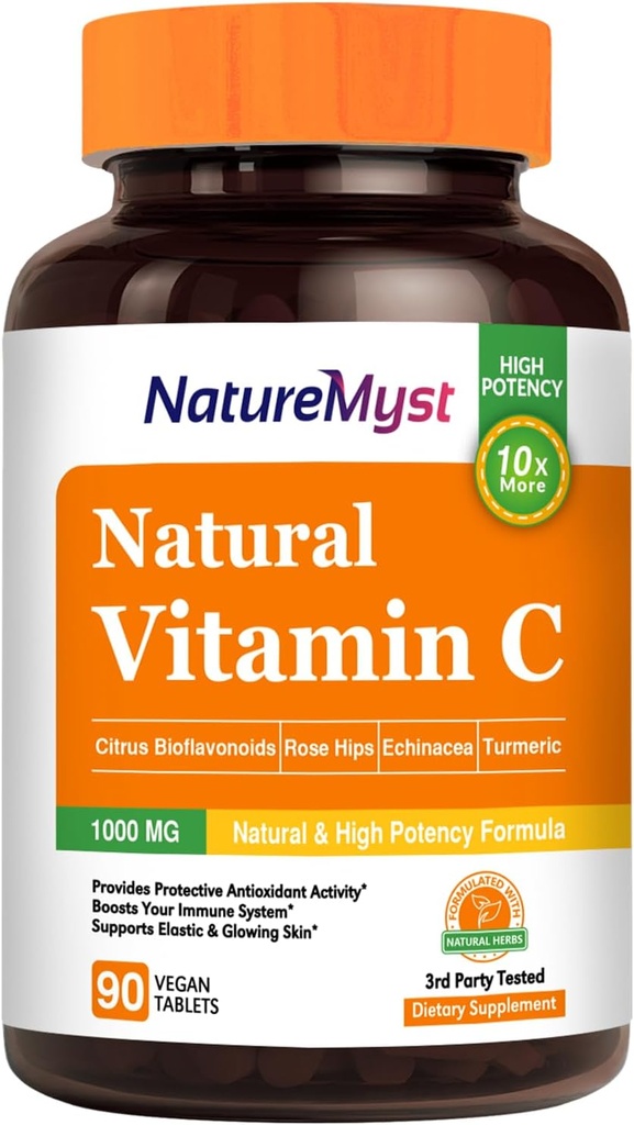 C-vitamin Tablet, 1000 mg, naturlig form, høj potens, Citrus Bioflavonoider, Rose Hip, Echinacea & Gurkemeje, Immunum & Hud Sundhed, 90 Veganske tabletter