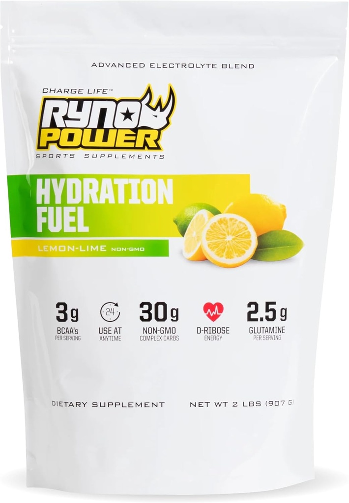 Ryno Power Hydration Fuel Electrolyte Drink Mix 2lb (20 Servings) 'Lemon Lime' - Advanced Electrolyte Formula + BCAA's - Gluten Free - Sustained Energy and Muscle Recovery