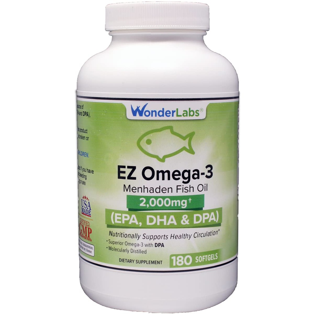 Wonder Laboratories EZ Omega-3 Atlantic Menhaden Fish Oil Supplement 2000 mg, Burpless, Made in The USA, Perfect Balance of EPA + DHA + DPA 180 Softgels