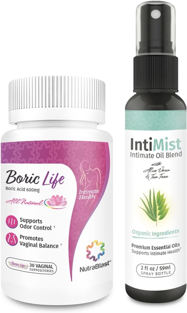 NutraBlast Boric Acid Vaginal Supposites 600 mg (30 Tæl) w / Intimist Essential Oliils Blend Spray (2 fl oz)