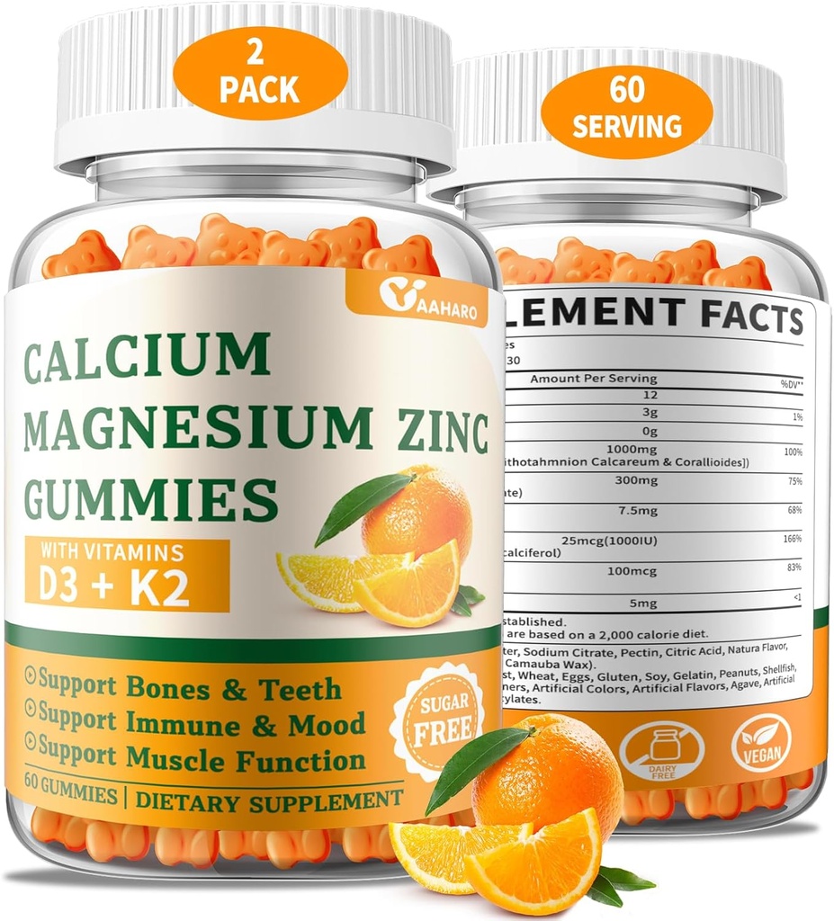 (2 Pack) Calcium Magnesium Zinkgummier med vitamin D3 & K2 - Sukker fri Calciumgummier til kvinder og mænd - Bone & immunstøtte - Non-GMO, Gluten- fri, Orange Flavored - 120 Tæl