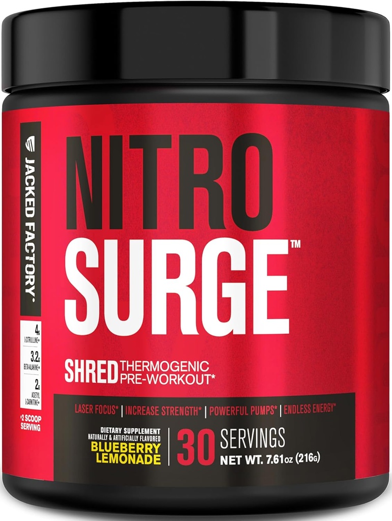 Jacked Factory NITROSURGE Shred Pre Workout Supplement - Energy Booster, Instant Strength Gains, Sharp Focus, kraftfulde Pumper - Nitrooxide Booster & PreWorkout Powder - 30Sv, Blåbær Lemonade