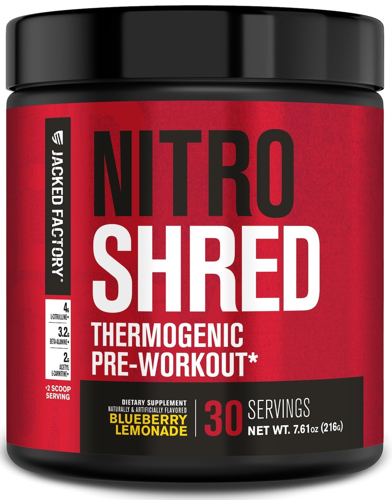 Jacked Factory NITROSURGE Shred Pre Workout Supplement - Energy Booster, Instant Strength Gains, Sharp Focus, kraftfulde Pumper - Nitrooxide Booster & PreWorkout Powder - 30Sv, Blåbær Lemonade